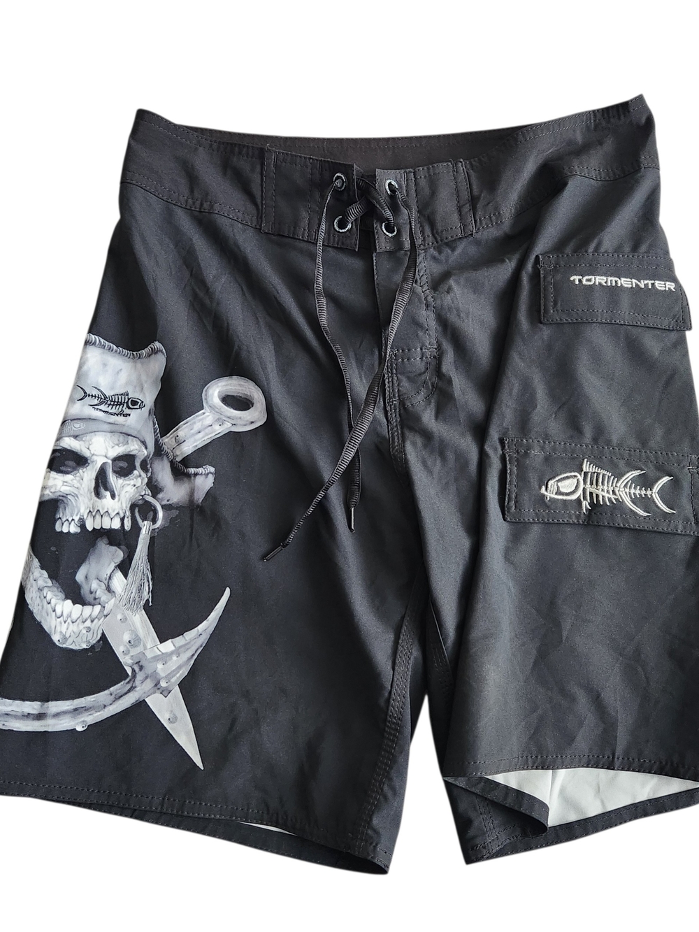 Tormenter Barnacle Bill Board Shorts Men's 30 Black Drawstring Skull Pirate Swim